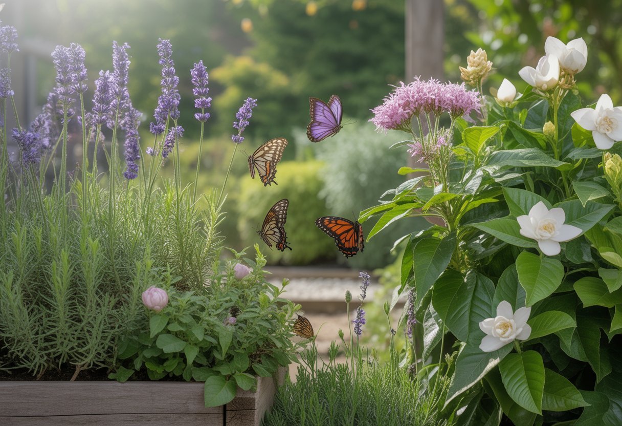 A butterfly garden with colorful butterflies flying among fragrant flowering plants and green foliage.