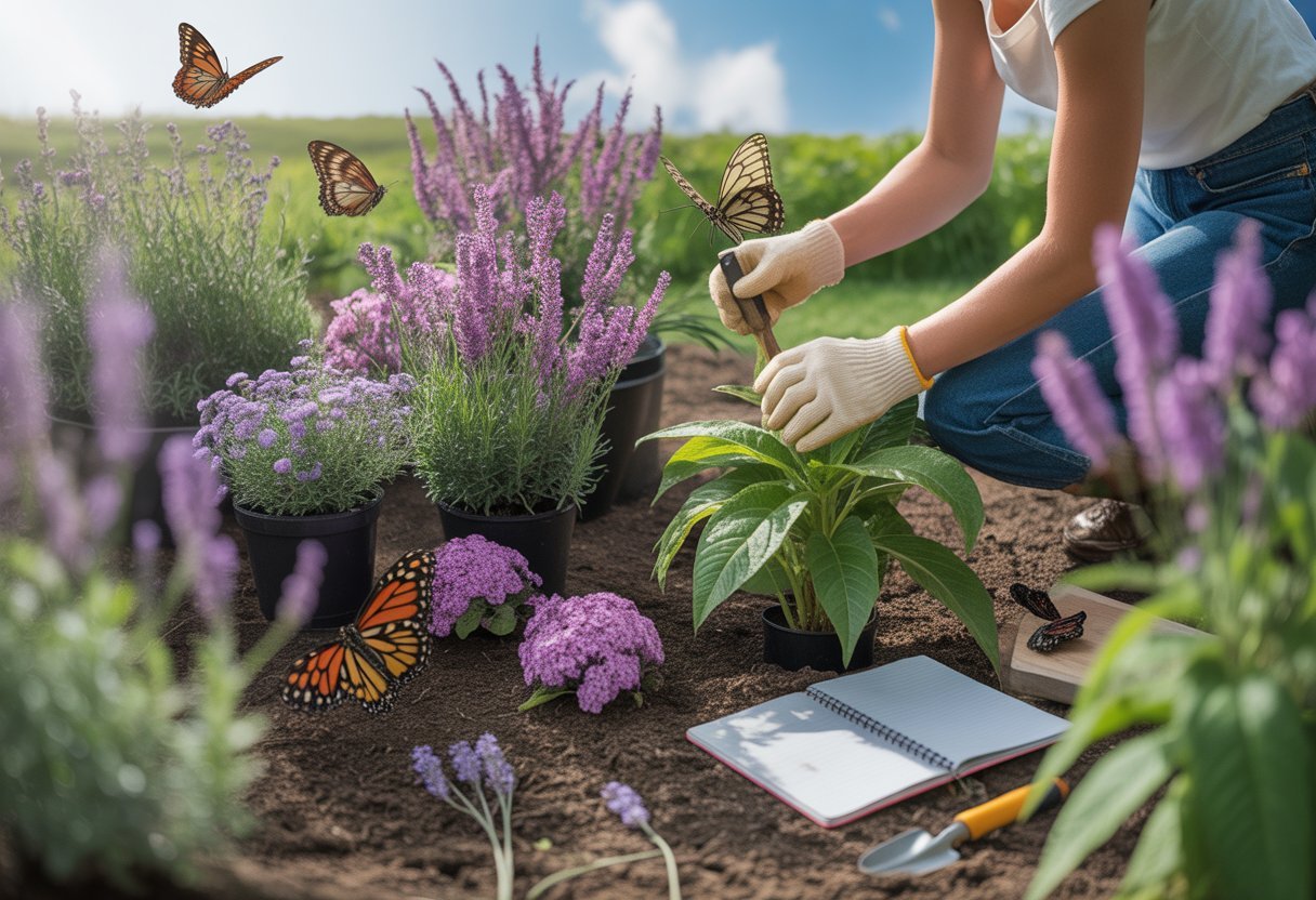 A gardener planting fragrant flowers in a butterfly garden with butterflies flying among colorful blossoms.