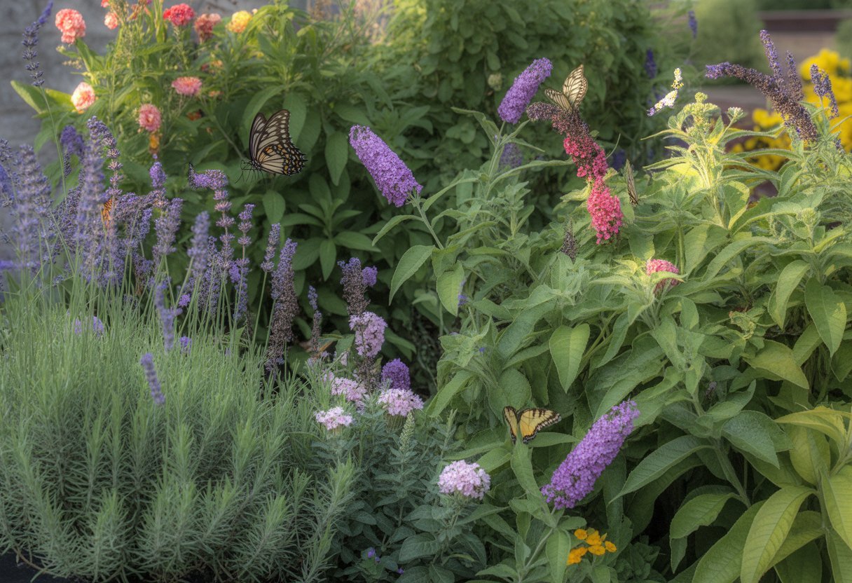A butterfly garden with colorful butterflies flying around fragrant flowering plants and green foliage.