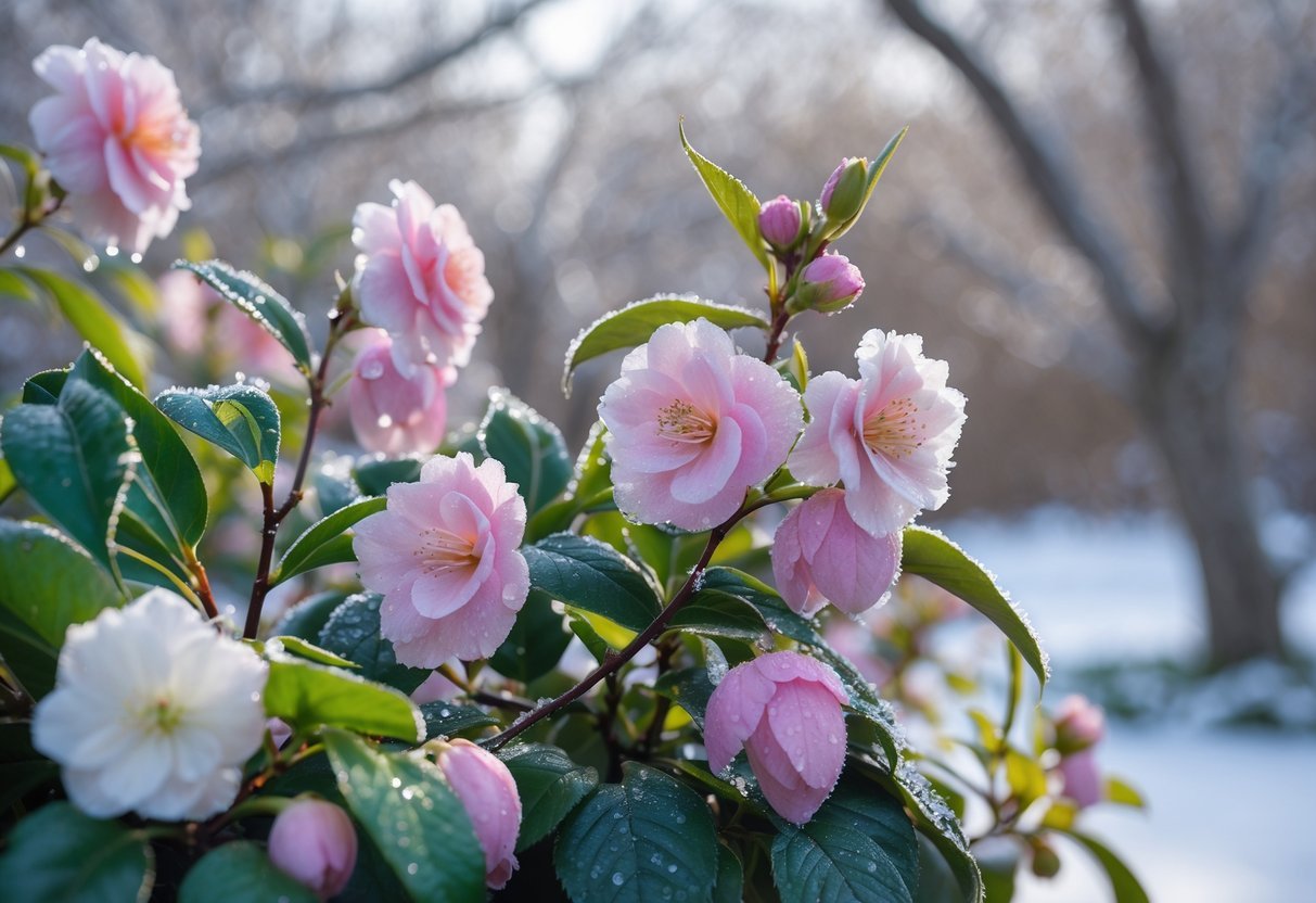 Close-up of winter-blooming fragrant plants with colorful flowers and frost in a snowy garden.