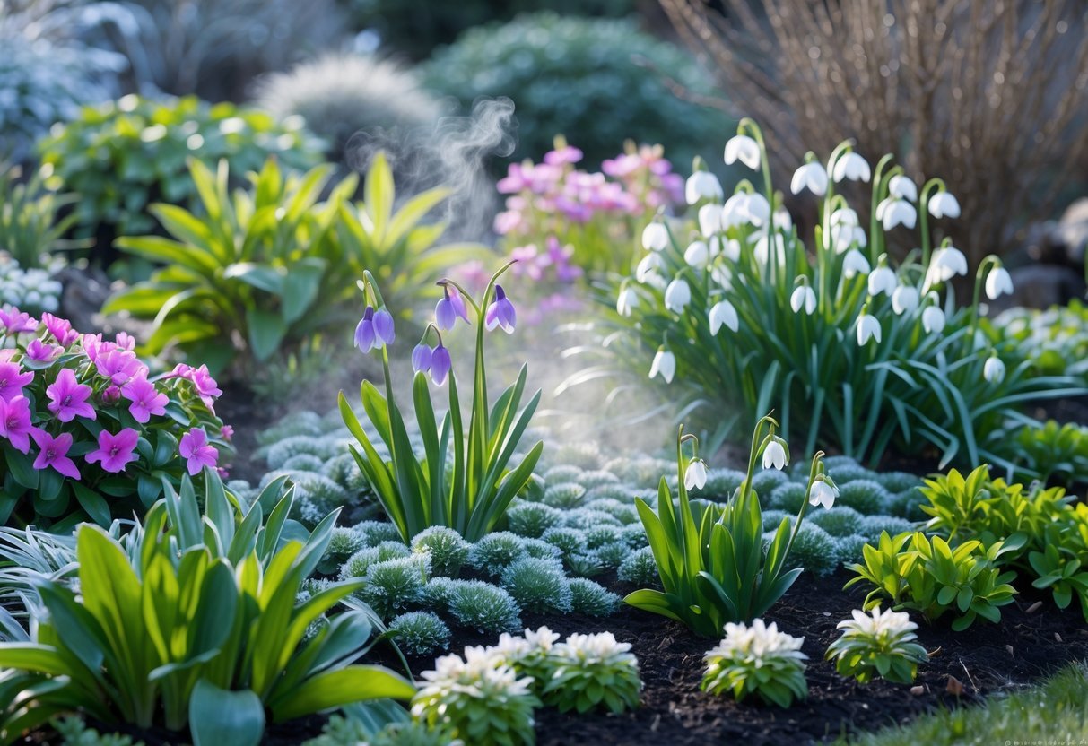 A winter garden filled with colorful, fragrant flowers including hellebores, snowdrops, and cyclamen blooming among green groundcovers.