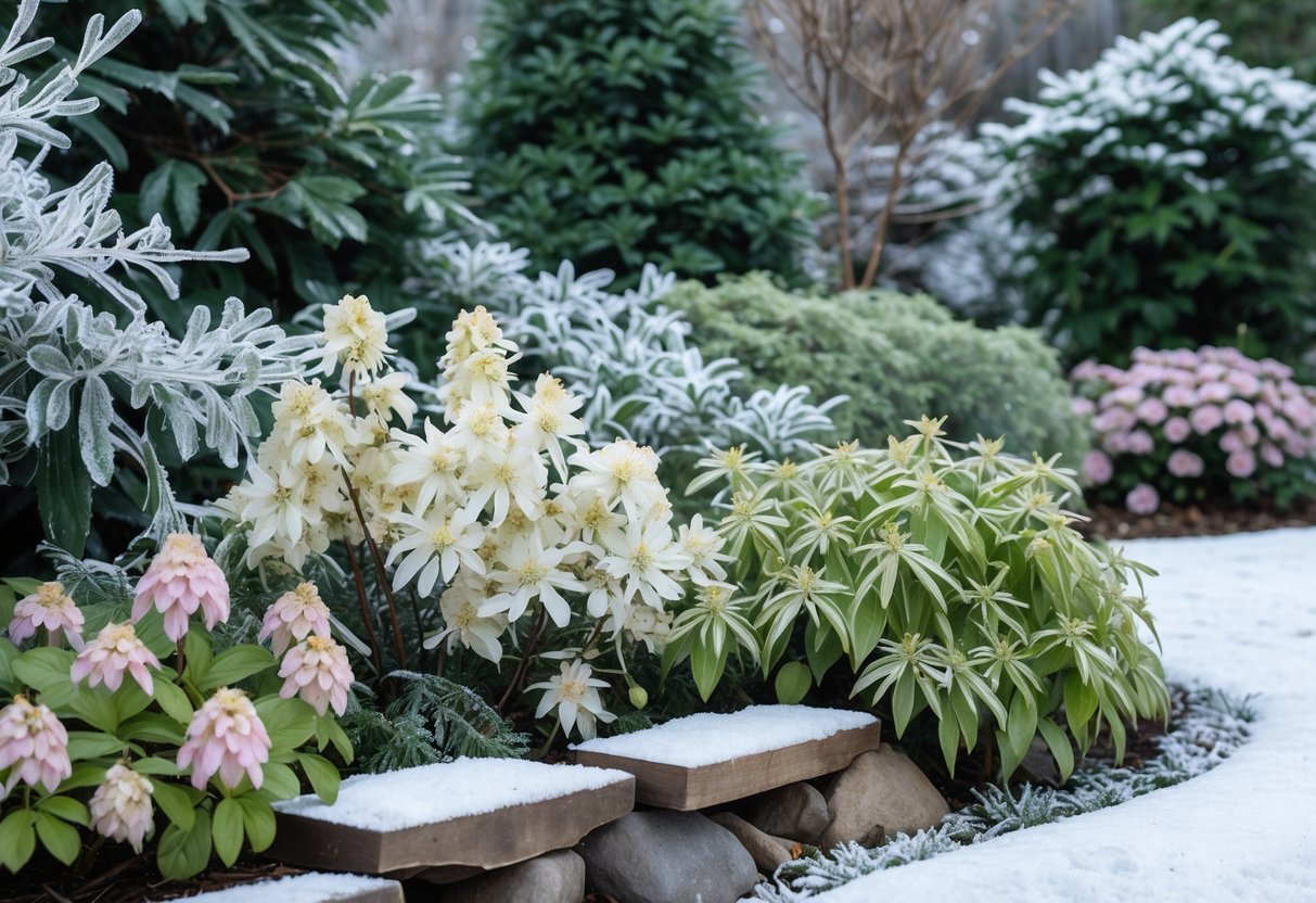 A winter garden with snow-dusted fragrant plants blooming, including white and yellow flowers and evergreen shrubs.
