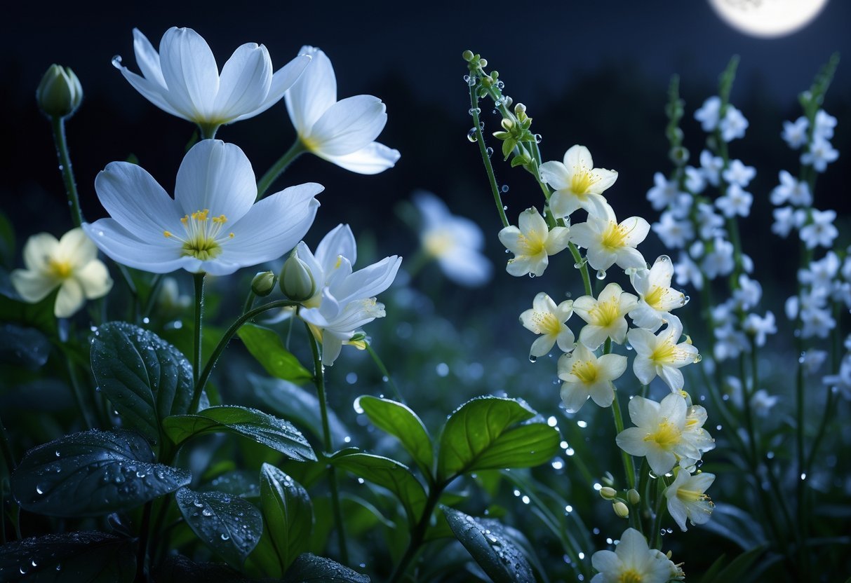 Close-up of night-blooming plants with white and pale yellow flowers glowing softly in a dark garden at night.