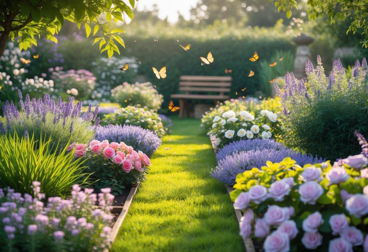A colorful garden with blooming flowers, green grass, butterflies, and a wooden bench under sunlight.