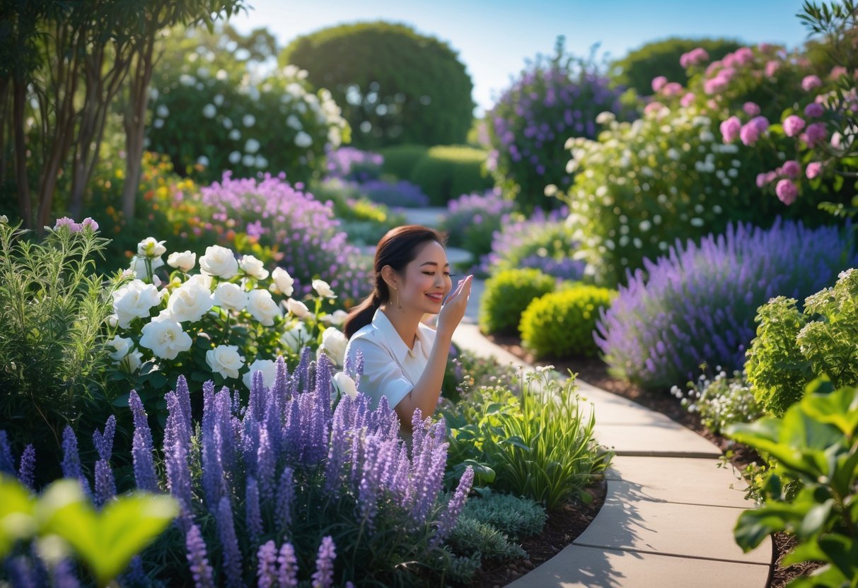 A person smelling flowers in a lush, colorful garden filled with blooming aromatic plants and greenery.