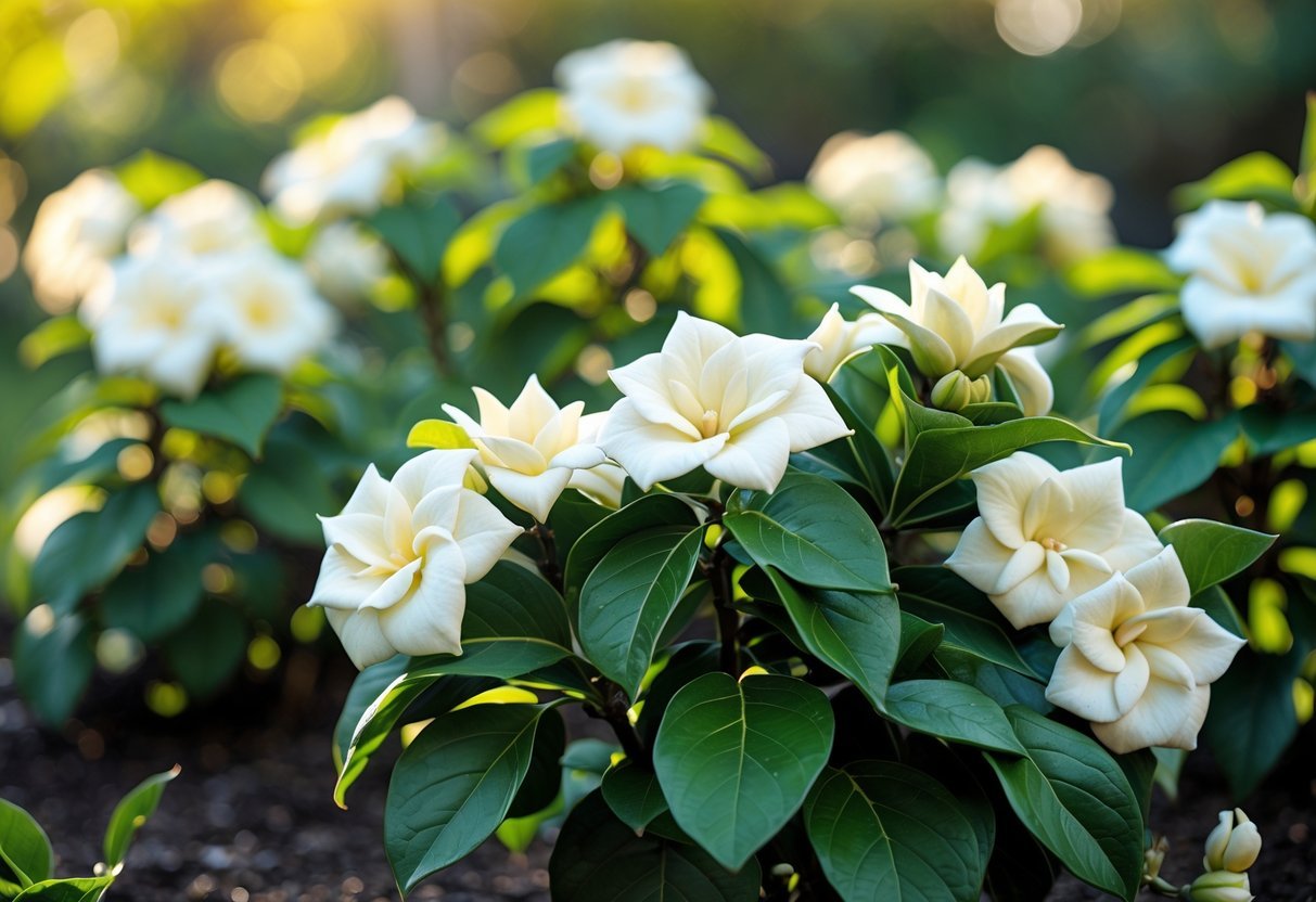 A close-up of blooming gardenia plants with white flowers and green leaves in a garden.