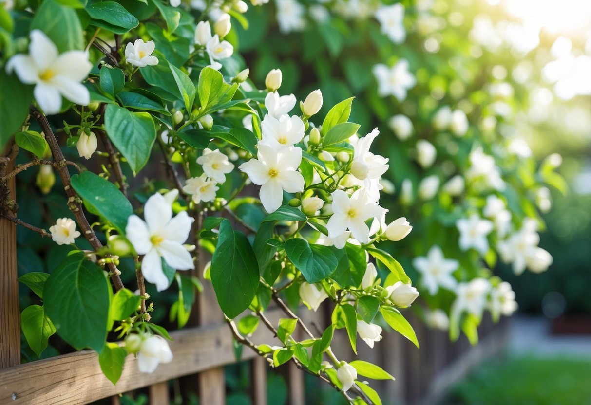 Jasmine plants with green leaves and white flowers growing on a wooden trellis in a garden.
