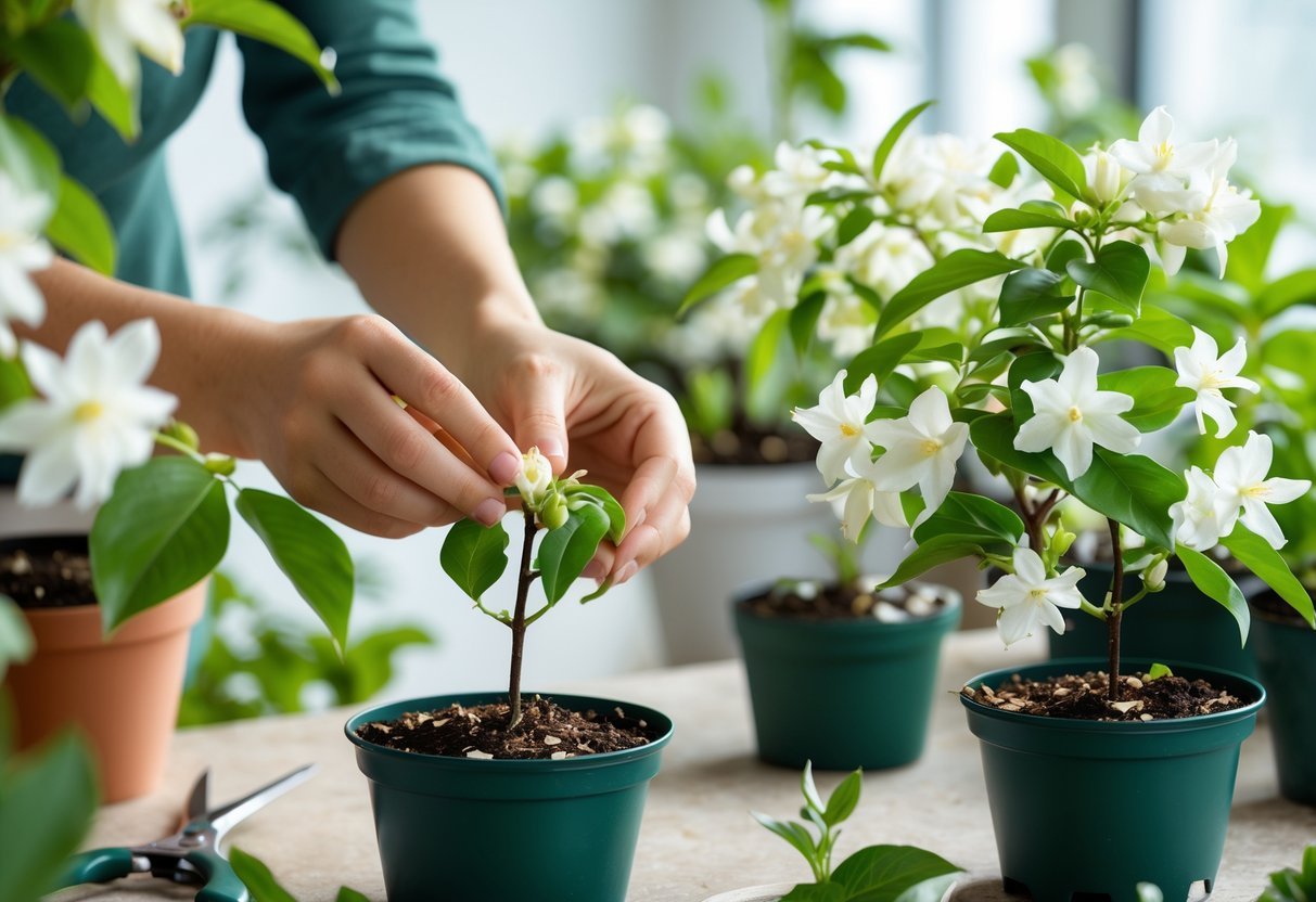 Hands caring for and propagating jasmine plants with white flowers and green leaves in a bright indoor gardening space.