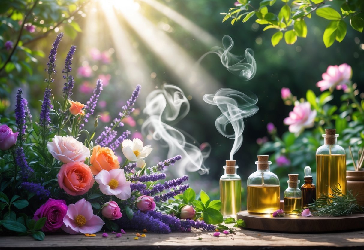 A vibrant garden with blooming flowers, glass bottles of perfumes and oils on a wooden table, and soft light filtering through greenery.