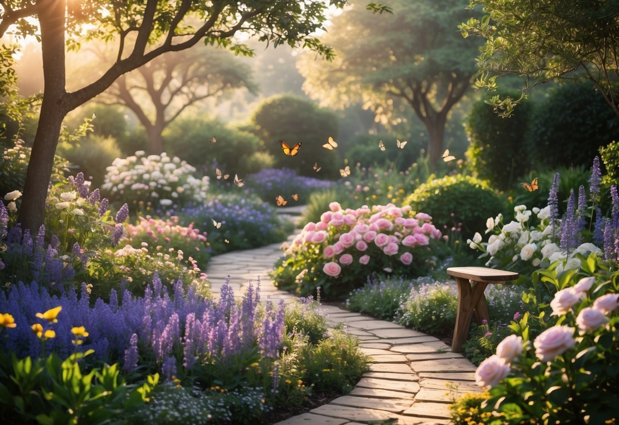 A vibrant garden filled with blooming fragrant flowers, winding stone paths, butterflies, and a wooden bench surrounded by trees.