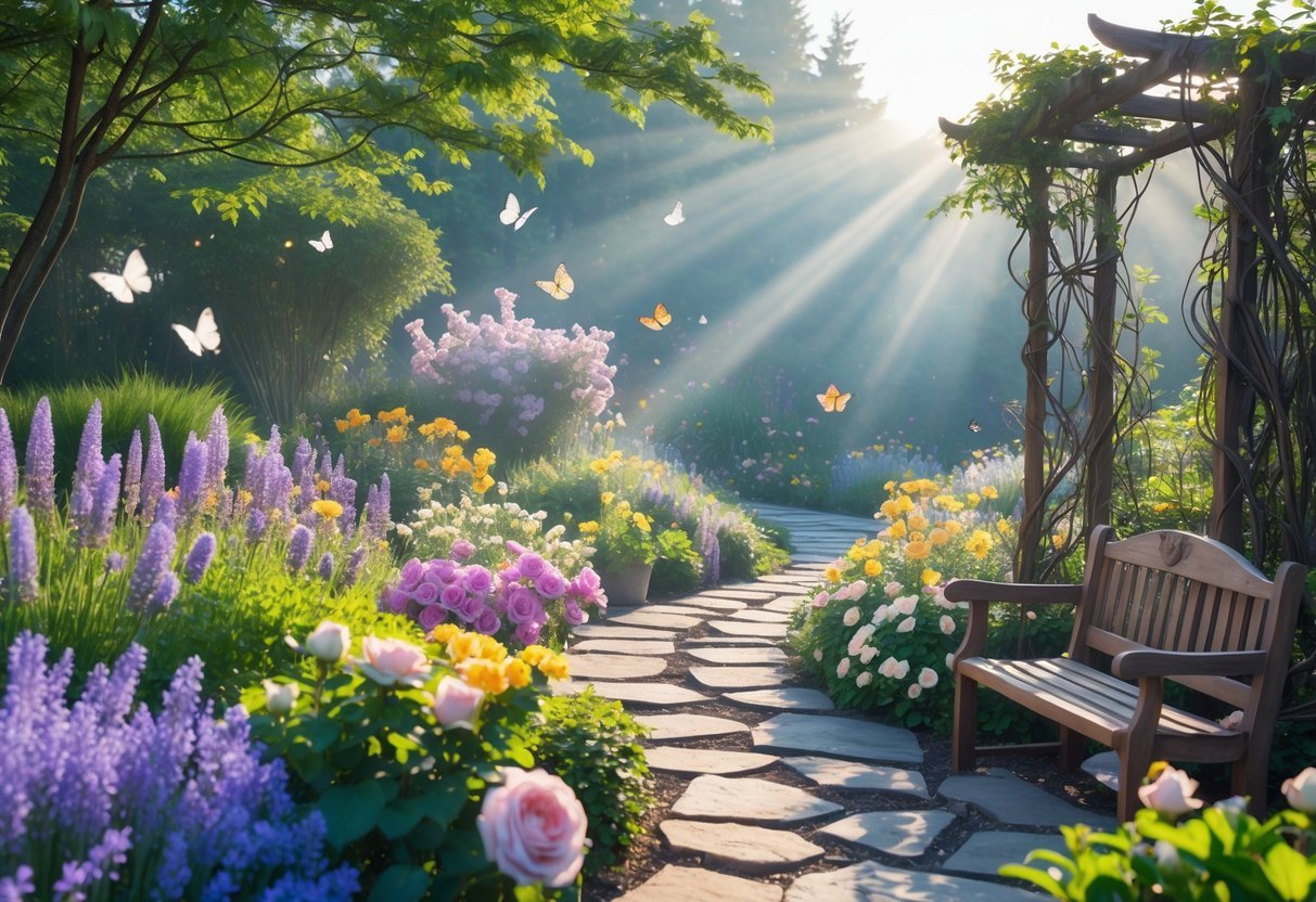 A colorful garden with blooming fragrant flowers, green plants, a wooden bench, and butterflies under soft sunlight.
