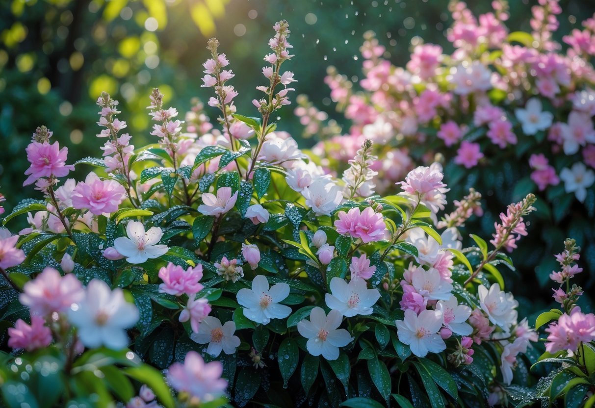 Flowering shrubs with colorful fragrant blossoms and green leaves in a natural outdoor setting.