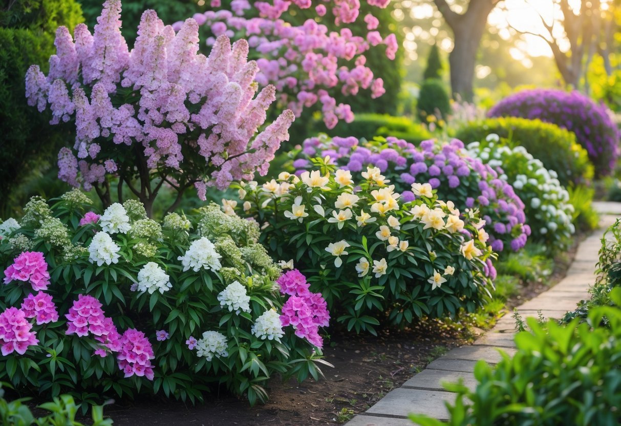 A garden scene with various flowering shrubs in bloom, showing colorful flowers and green leaves under soft sunlight.