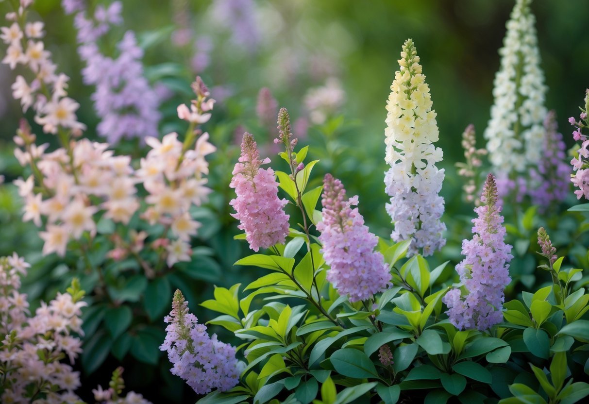 A close-up view of various unique flowering shrubs with colorful blossoms and green leaves in a garden setting.