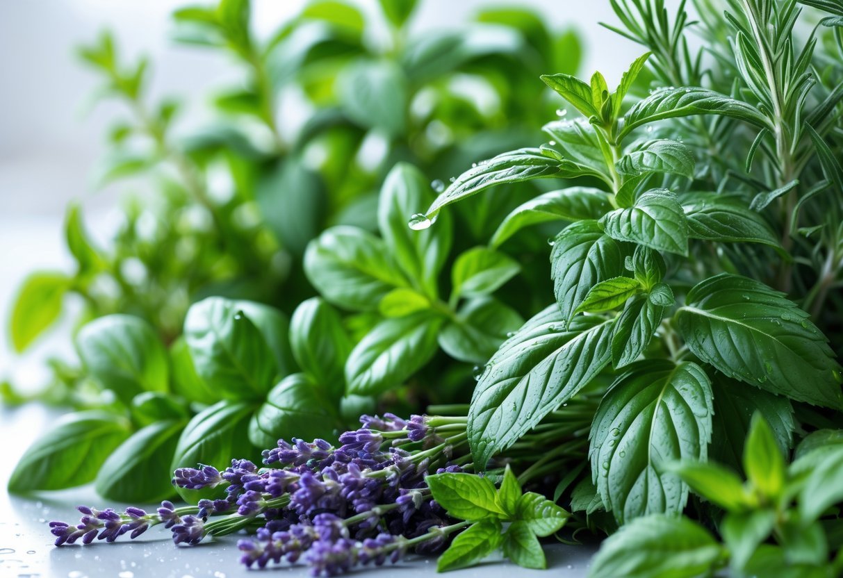 Close-up view of various green plants with aromatic leaves, including rosemary, basil, mint, and lavender.
