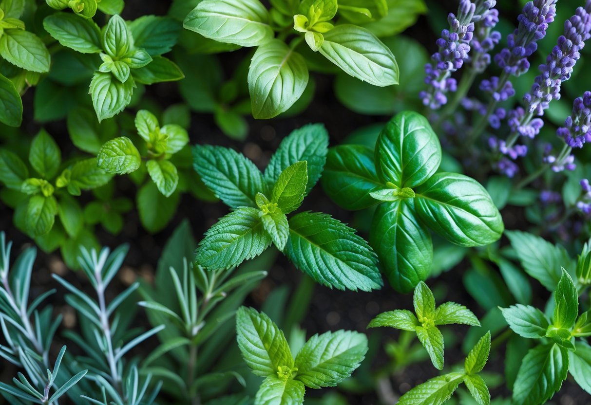 Close-up view of various aromatic plants with green leaves including rosemary, mint, basil, lavender, and eucalyptus in a natural garden setting.