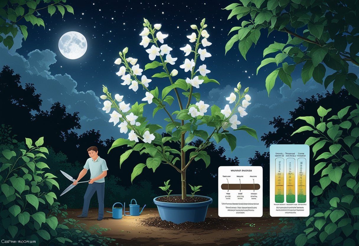 A night blooming jasmine plant with white flowers glowing under moonlight, being watered and pruned in a garden at night.