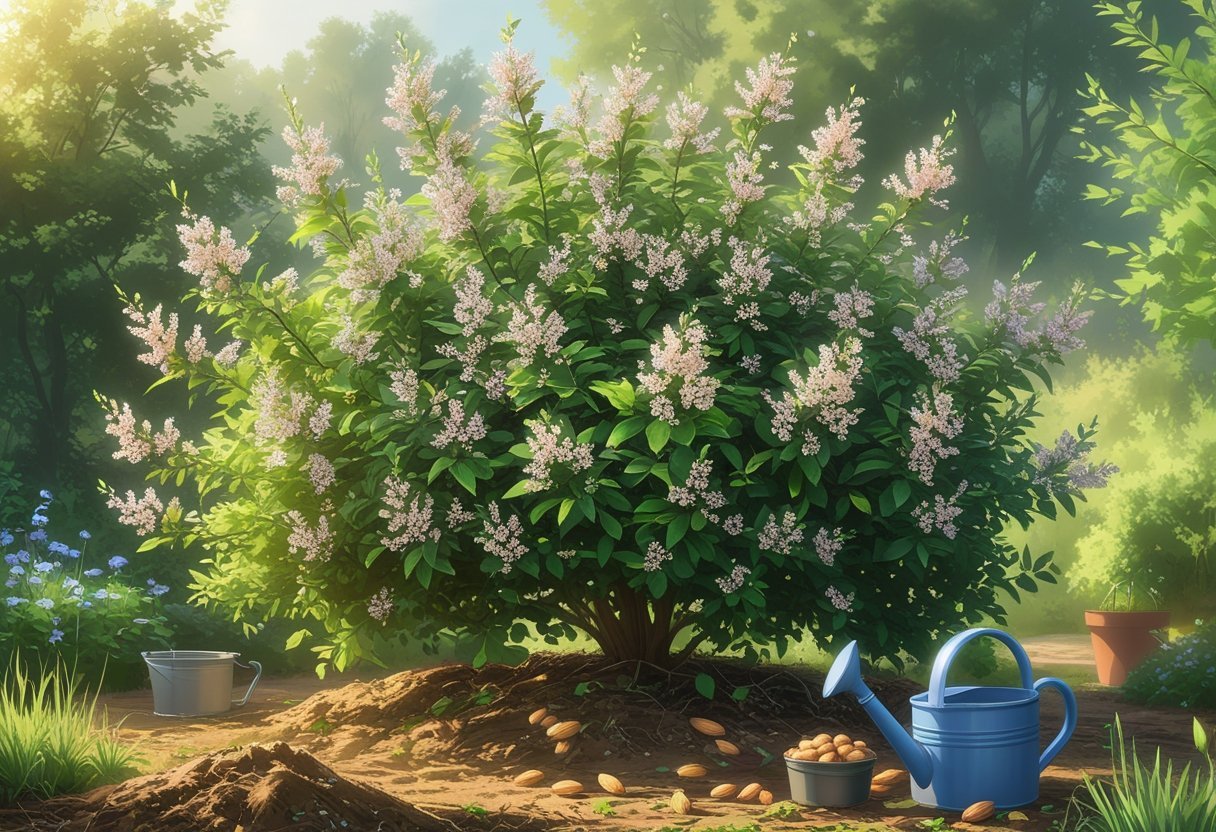 A healthy sweet almond bush with green leaves and pinkish-white flowers growing in a garden with gardening tools nearby.