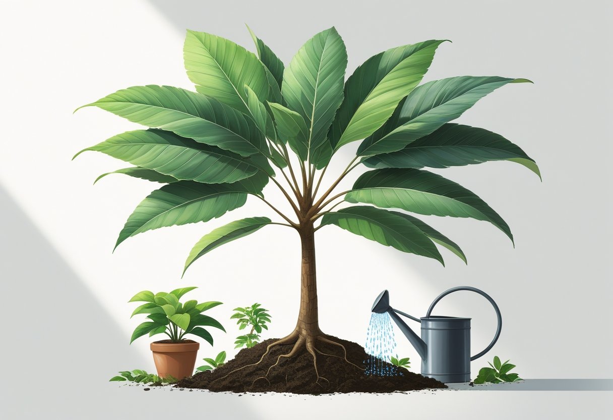 A Cecropia tree with large lobed leaves, a slender trunk, and care elements including sunlight, watering, and soil depicted around it.