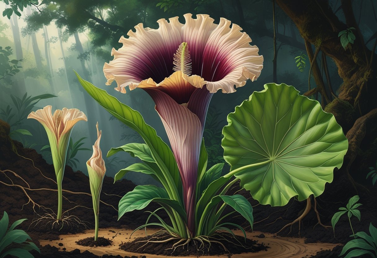 A corpse flower in full bloom with stages of its growth shown, including a sprout, developing leaf, and mature leaf, set against soil and a tropical forest background.