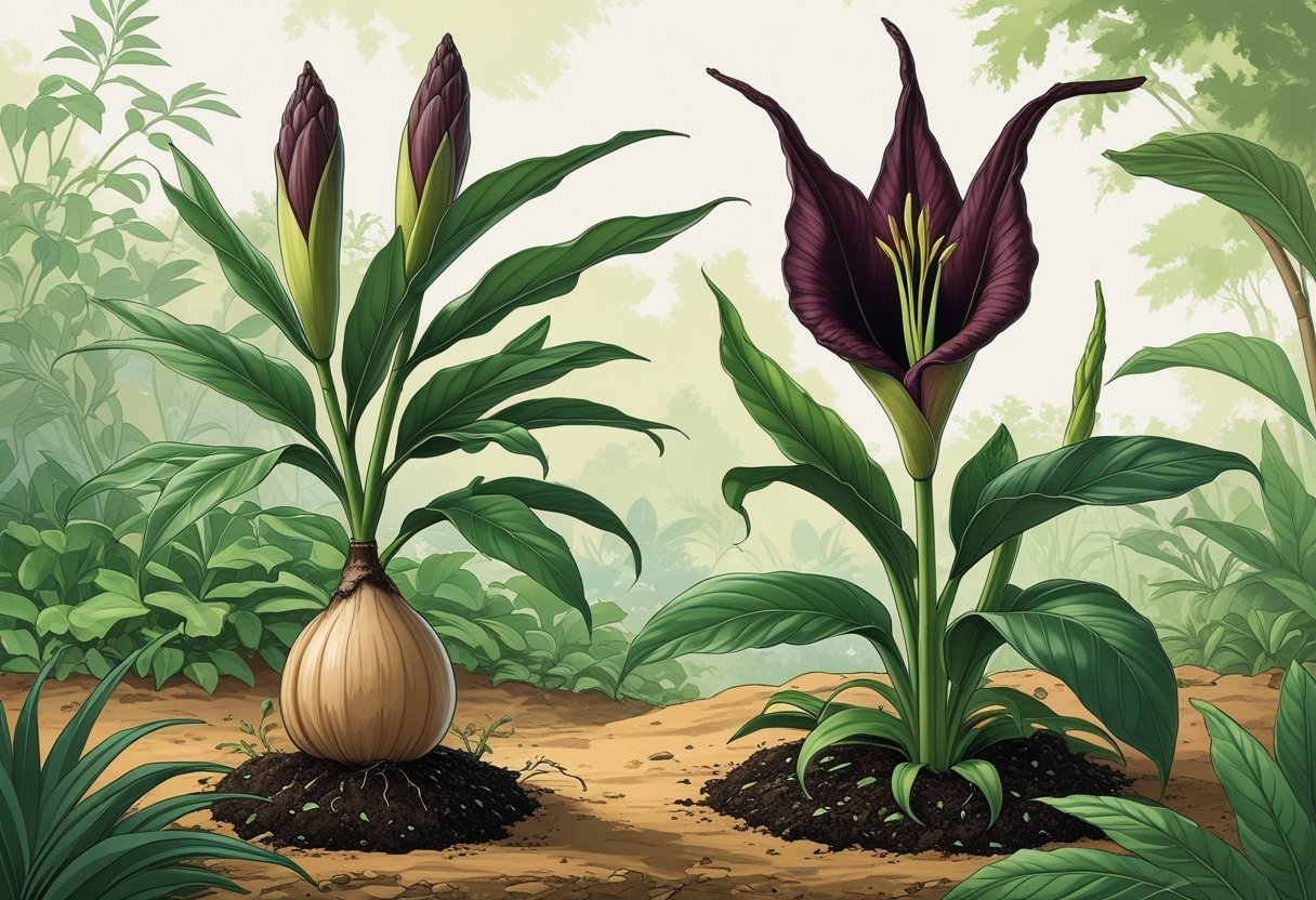 A voodoo lily plant showing its growth stages from bulb in soil to sprouting leaves and a fully bloomed flower in a garden setting.