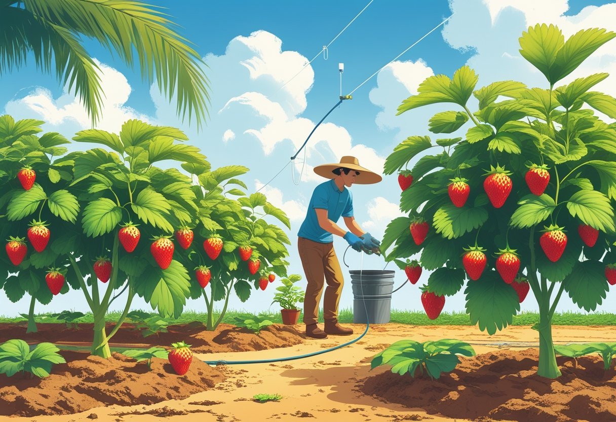 A gardener tending to healthy strawberry plants with ripe red strawberries in a sunny outdoor garden with palm trees and blue sky in the background.