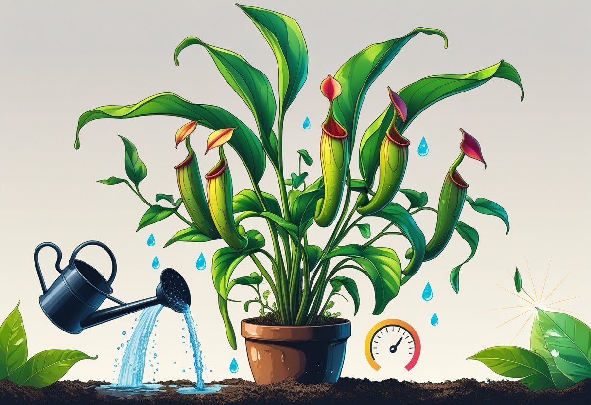 A healthy pitcher plant with multiple tubular pitchers surrounded by watering, humidity, and sunlight elements representing proper care.