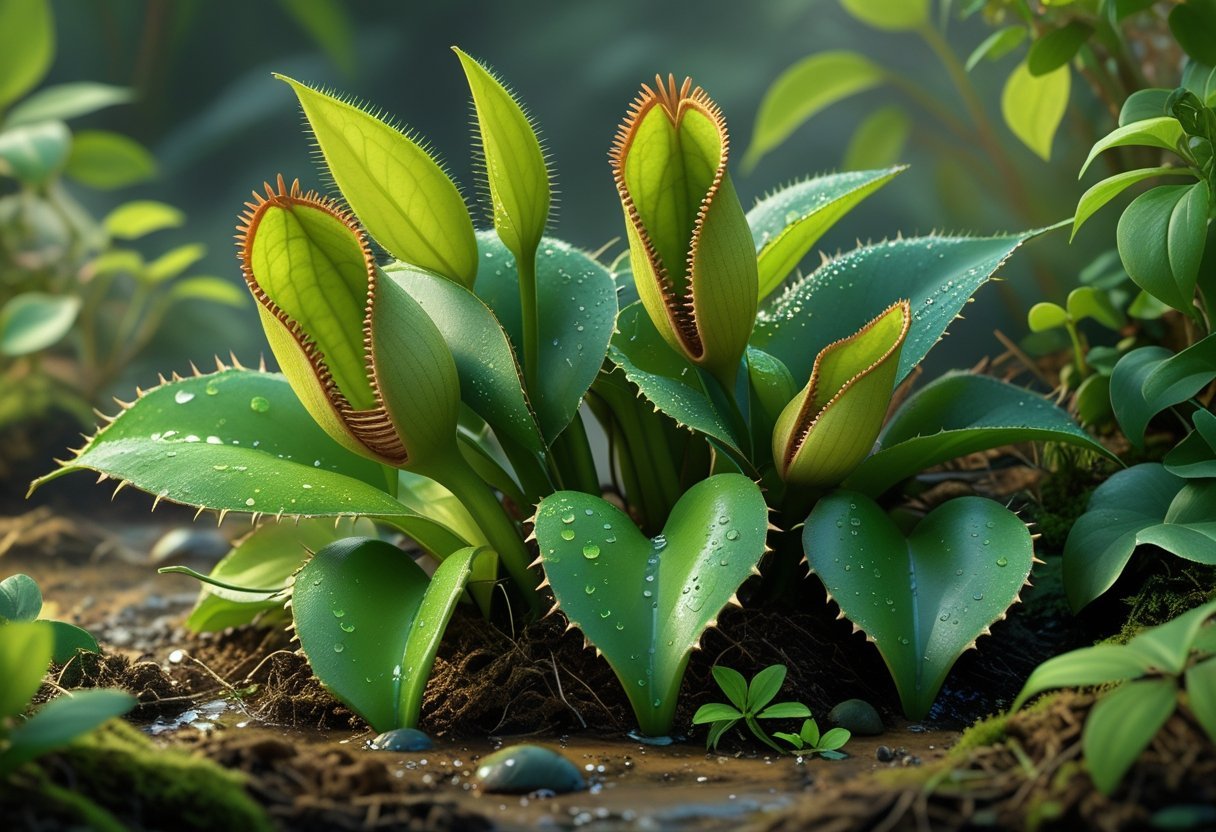 A group of Venus flytrap plants growing with open and closed traps in a natural environment.