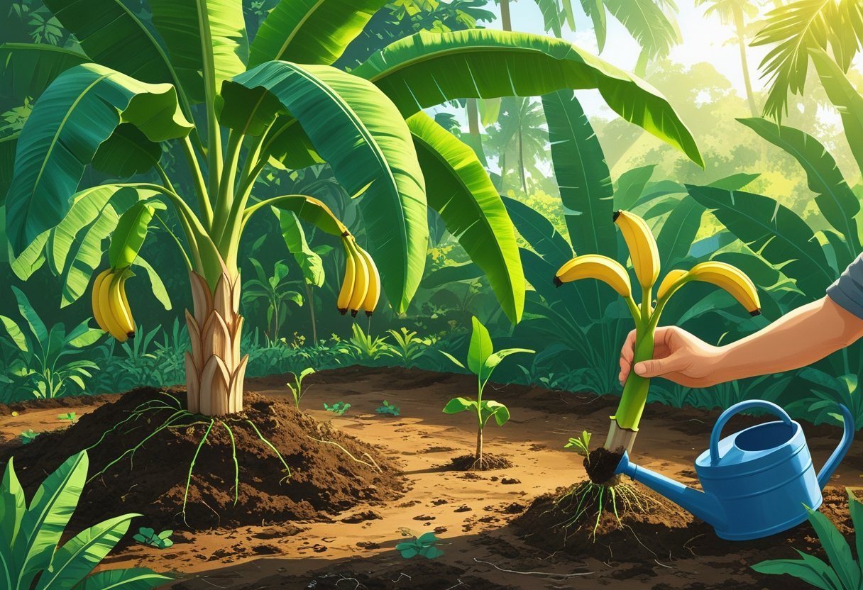 A Gros Michel banana plant growing in soil with a cluster of bananas and a gardener planting a young sapling in a tropical setting.