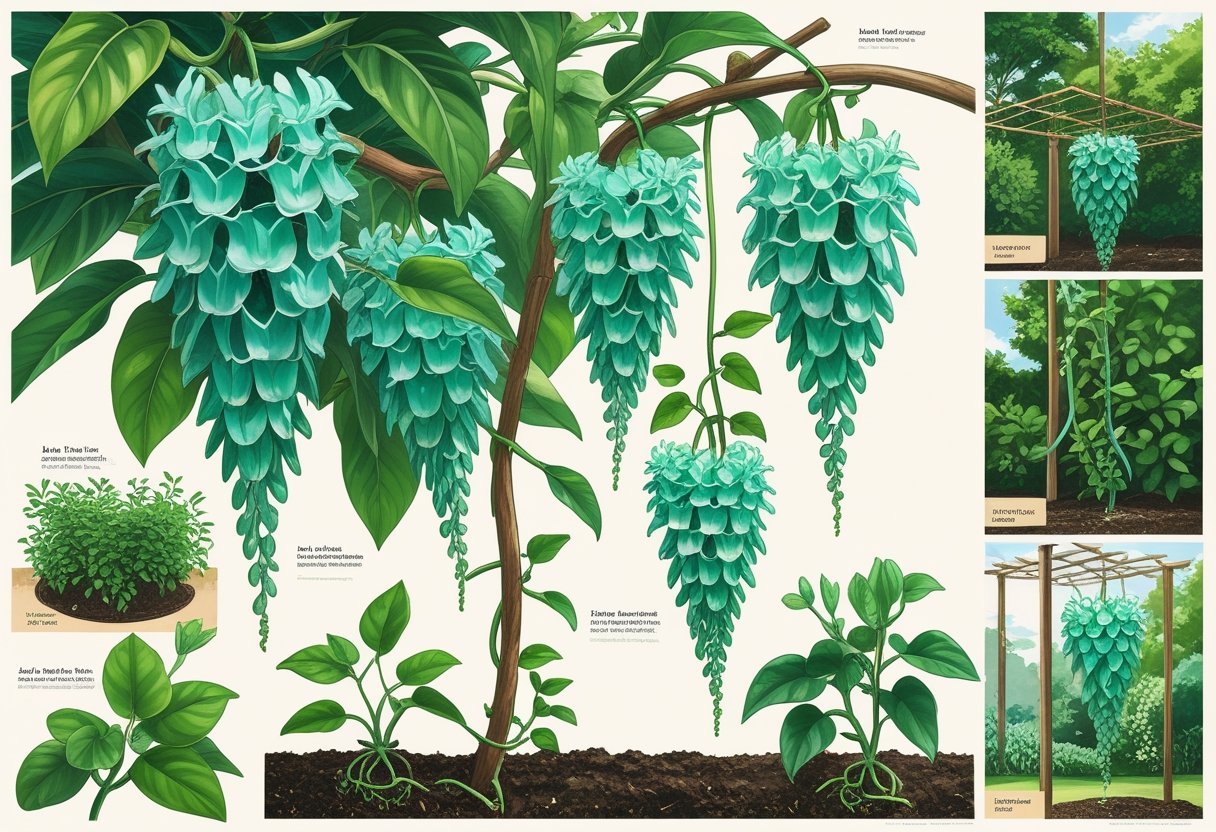 Illustration showing the growth stages of a jade vine plant with turquoise-green flowers climbing a trellis, including seedlings, young plants, and mature vine in a garden setting.