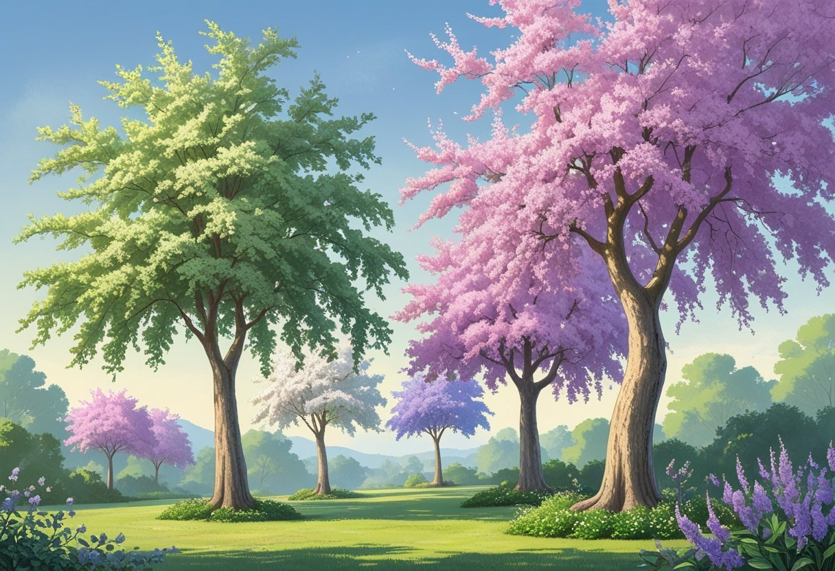 A garden scene with several growing crepe myrtle trees with colorful flowers and green leaves under a clear blue sky.