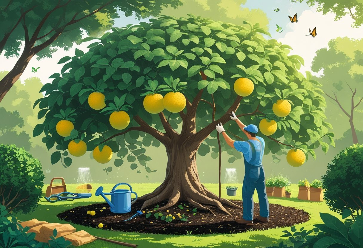 A gardener pruning and watering a cannonball tree with large round fruits and green leaves in a garden.