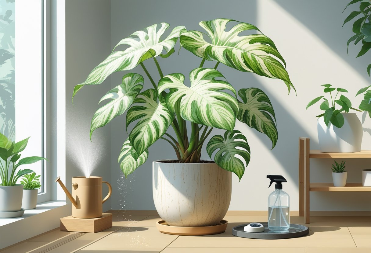 A healthy Thai constellation monstera plant with variegated leaves in a pot near a window, accompanied by plant care items like a watering can and spray bottle.