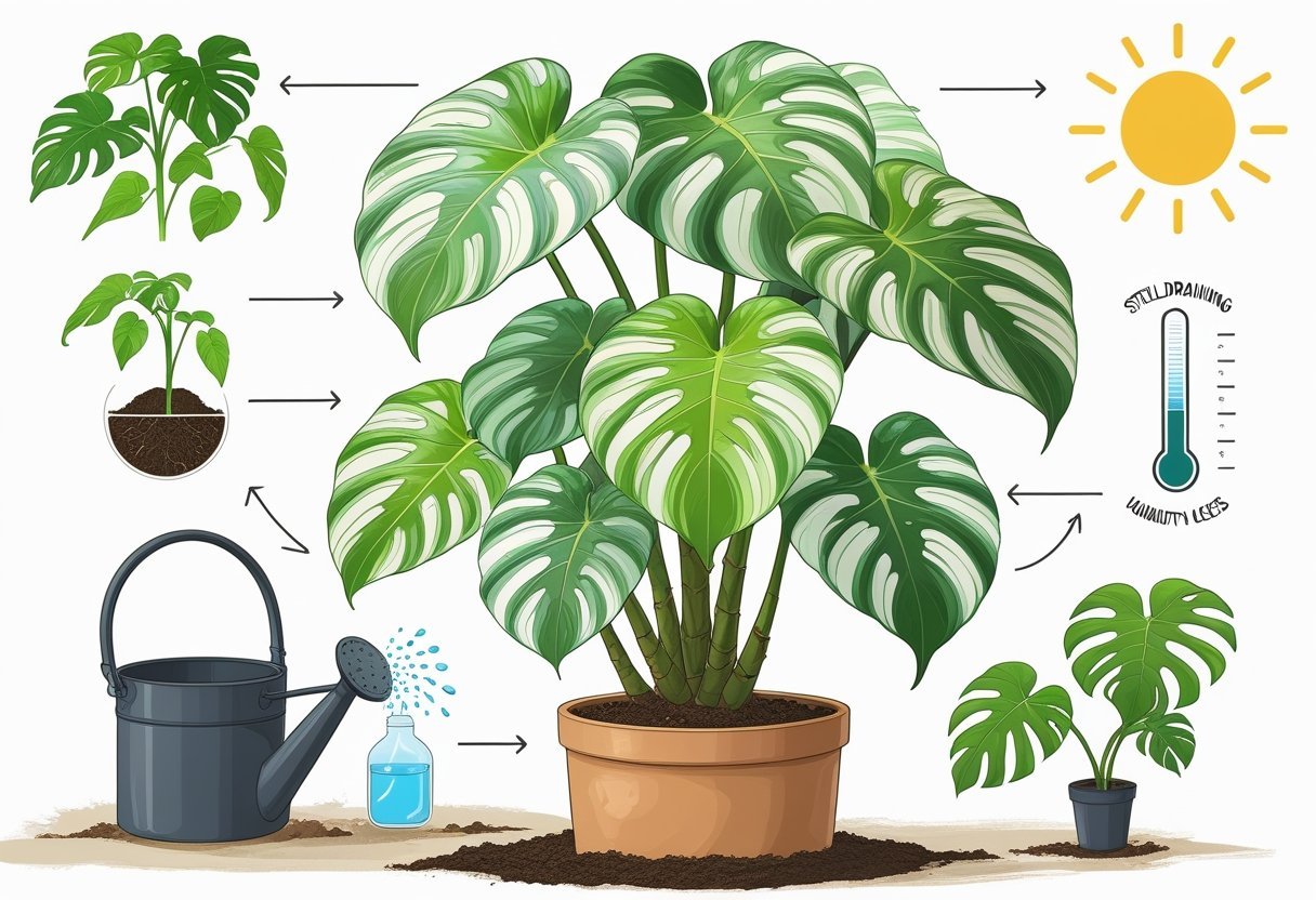 An illustration showing a Monstera Albo plant with variegated leaves and visual elements representing watering, misting, sunlight, and humidity for plant care.