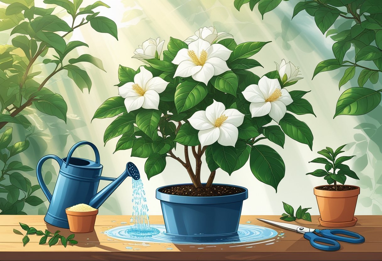 A gardenia plant with white flowers and green leaves being watered and cared for with gardening tools nearby.