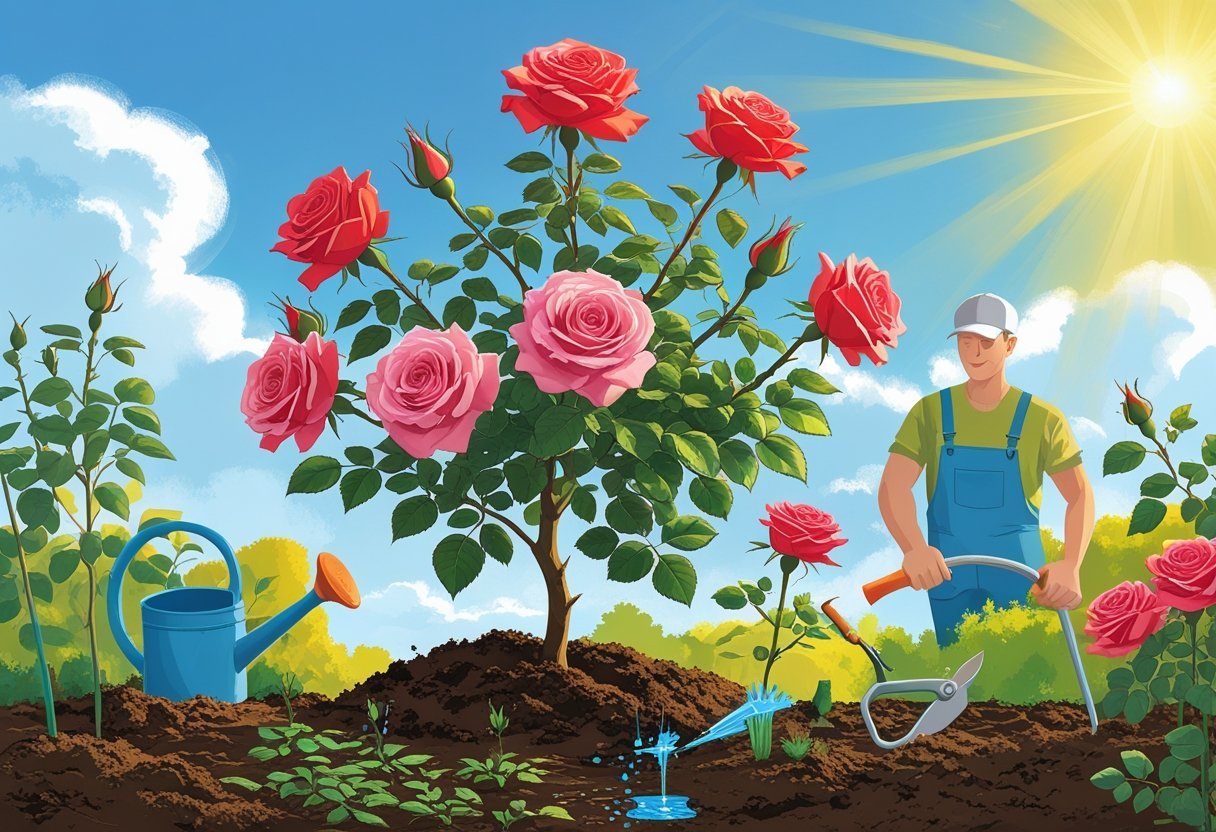 A garden scene showing a rose bush with blooming roses, a gardener planting and watering the plant, and tools for pruning and soil preparation.