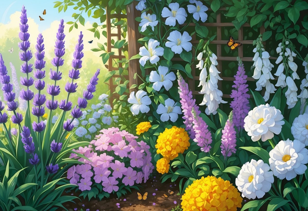 A colorful garden scene with blooming lavender, jasmine, sweet peas, marigolds, and gardenias surrounded by green leaves and sunlight, with butterflies and bees flying nearby.