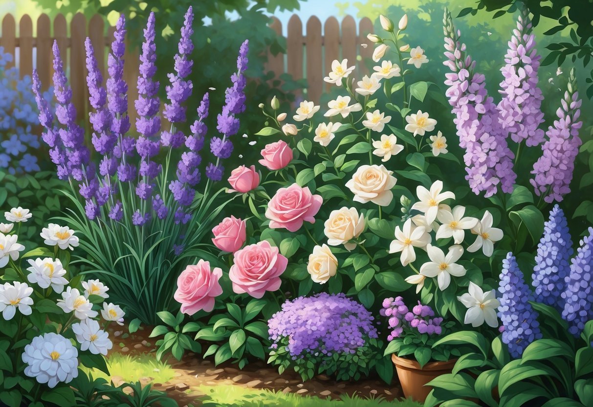 A colorful garden with blooming lavender, roses, jasmine, gardenias, and lilacs surrounded by green leaves and soft sunlight.