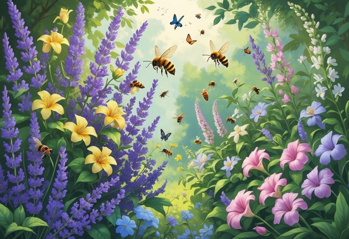 A colorful garden filled with fragrant flowering plants attracting bees, butterflies, and hummingbirds.